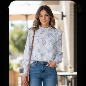 Alice Blue Floral Blouse in Blue and White